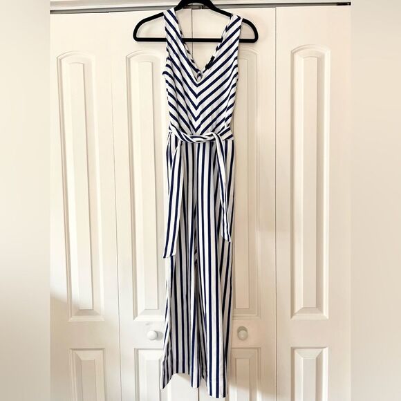 NWT J. Crew V-Neck Wide Leg Belted Jumpsuit in Blue White Stripe - Picture 2 of 5
